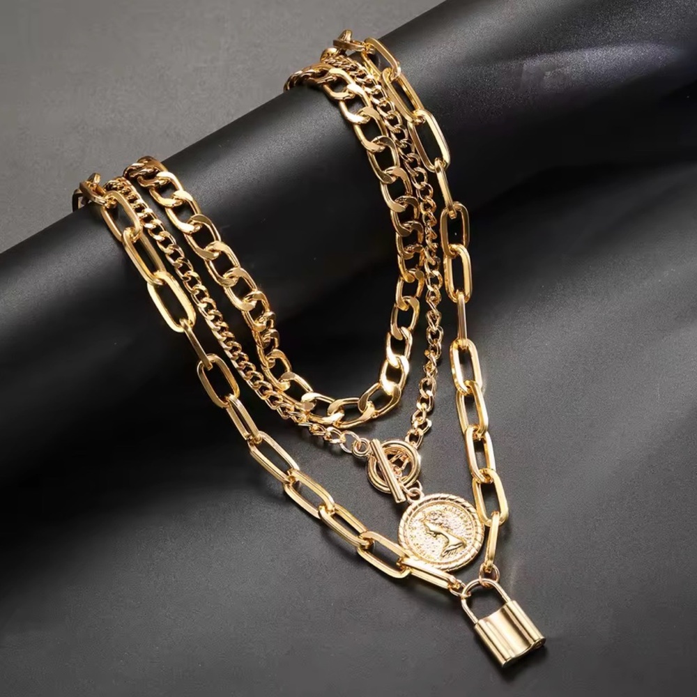 3 Layered Gold-Tone Chain Necklace with Coin & Padlock Lock Charms